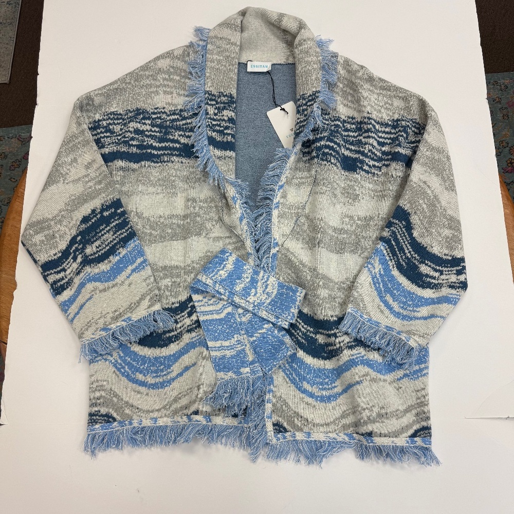 Essitam Cotton Cashmere Cardigan New Blue Grey Belted NWT